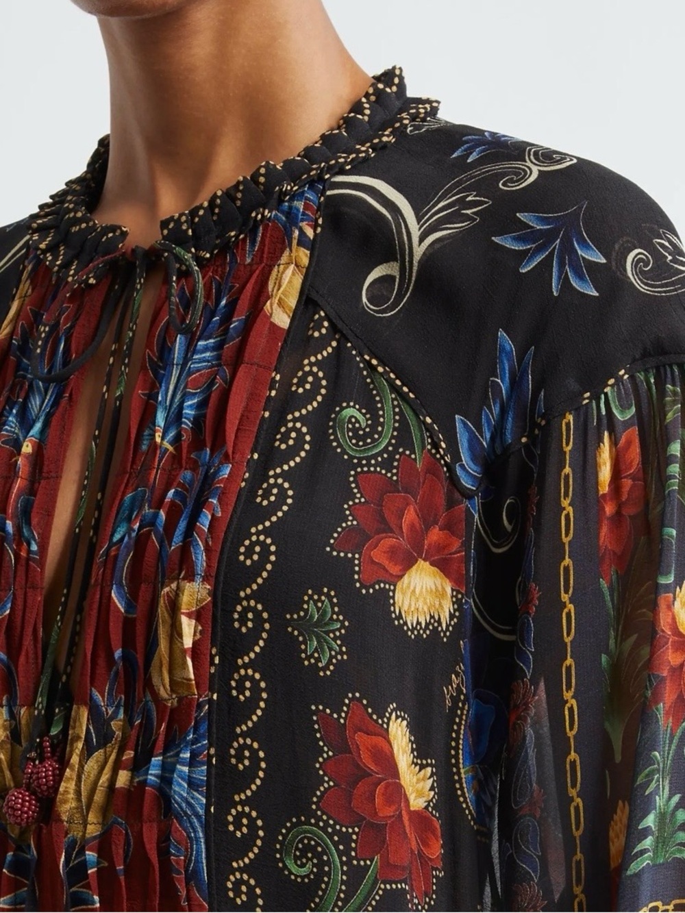 FARM Rio Mixed Arabesque Scarves Mini Dress M Floral Lace Up Long Sleeve - Picture 2 of 12